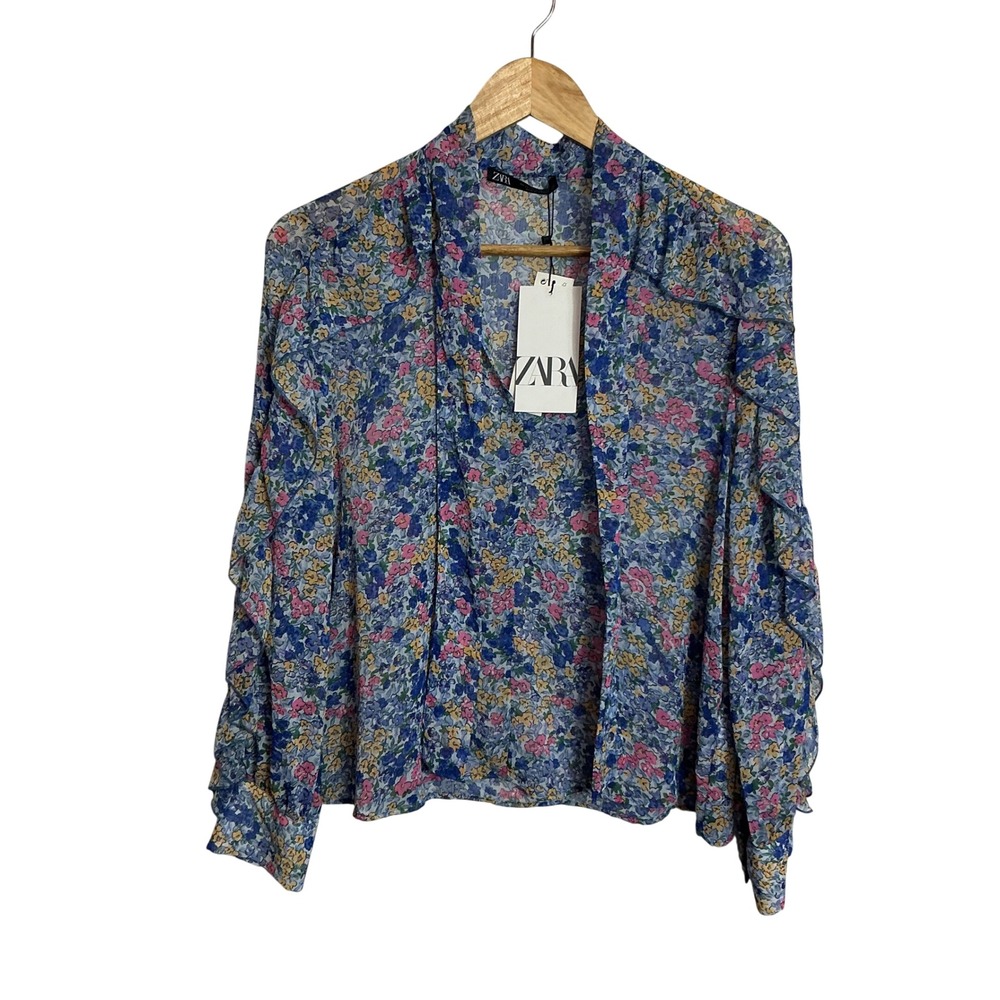 Zara‎ Womans XS Floral Print Sheer Long Sleeve Ruffle Blouse Top NEW
